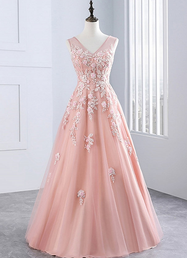Pink Tulle Prom Dresses,v Neck Evening Dress With Lace Appliqués, Long Sweet 16 Prom Dresses