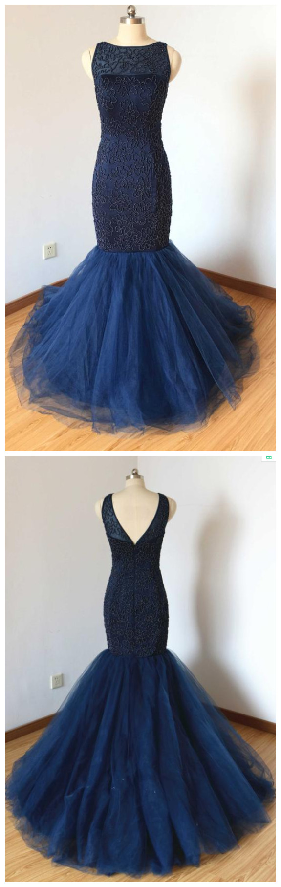 Beaded Mermaid V-back Navy Blue Tulle Long Prom Dress