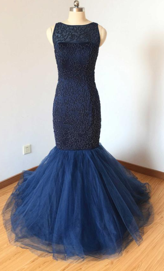 Beaded Mermaid V-back Navy Blue Tulle Long Prom Dress on Luulla