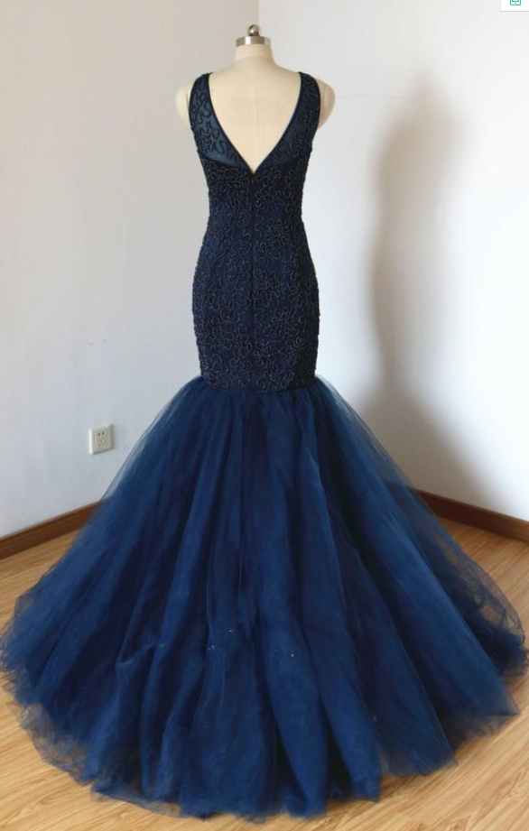 Beaded Mermaid V-back Navy Blue Tulle Long Prom Dress on Luulla