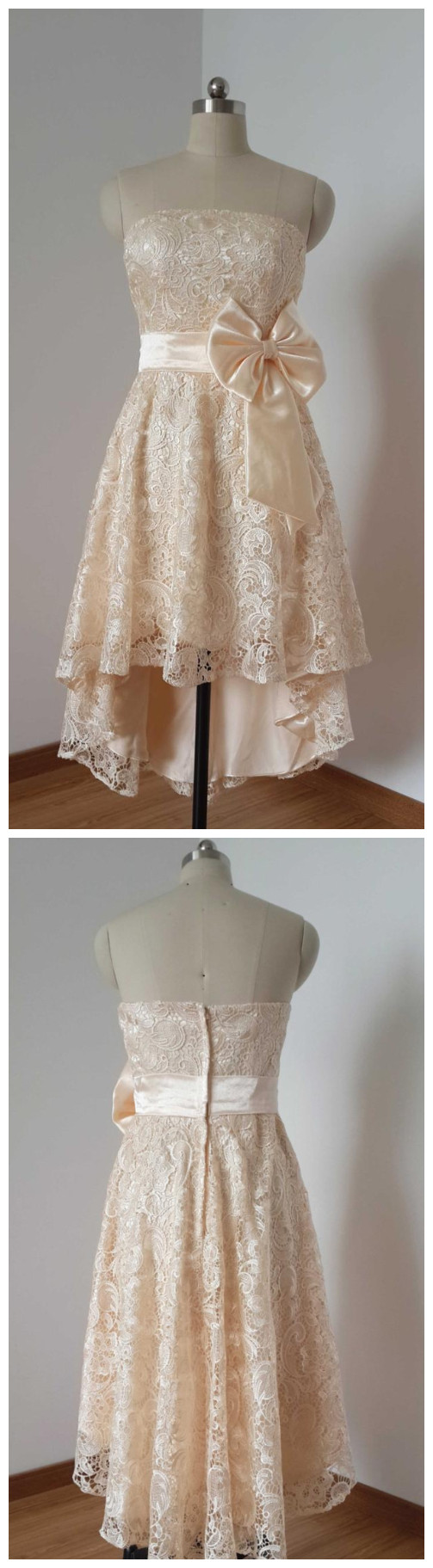 Champagne Lace Short Front Long Back Bridesmaid Dress, Asymmetrical Lace Dress