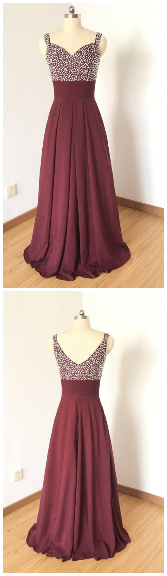 Two Pieces Burgundy Chiffon Long Prom Dresses, 2 Pieces Wine Red Long Formal Evening Dresses