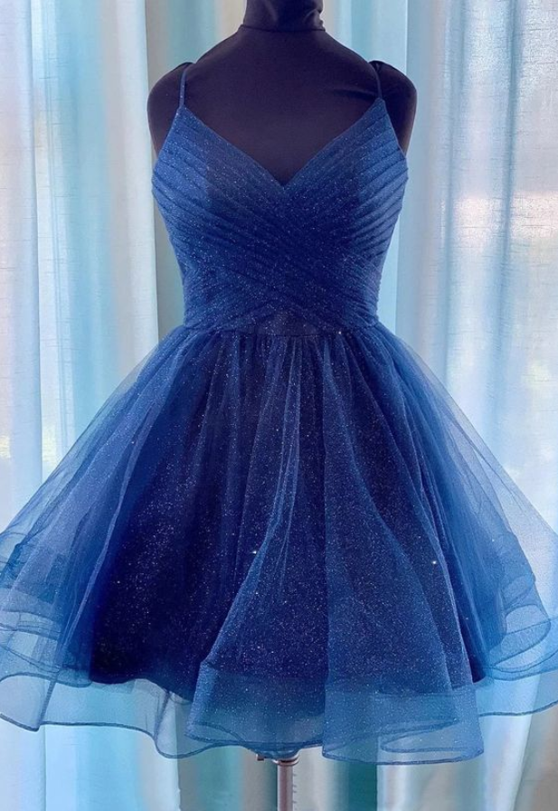 Stylish Dress Sparkly Navy Blue Homecoming Dress, V-neck Short
