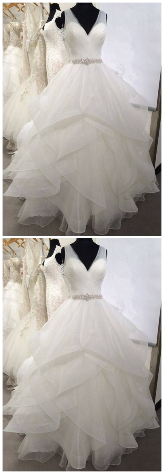 Stylish Dress Fashion V Neck Tiered Tulle Ball Gown Wedding Dresses