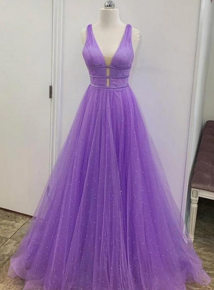 Stylish Dress Sparkly Beaded V Neck Purple Long Prom Dress, Evening Dress