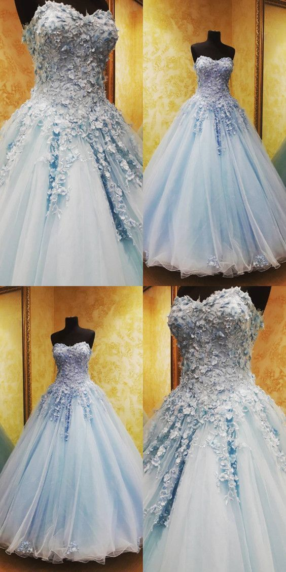 Charming Tulle Appliques Ball Gown Prom Dresses, Blue Quinceanera Dresses