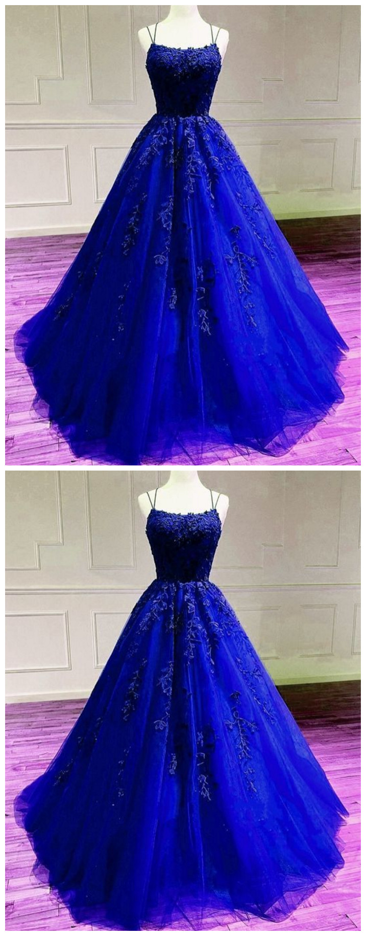 Royal Blue Prom Dress Tulle Ball Gown Lace Embroidery