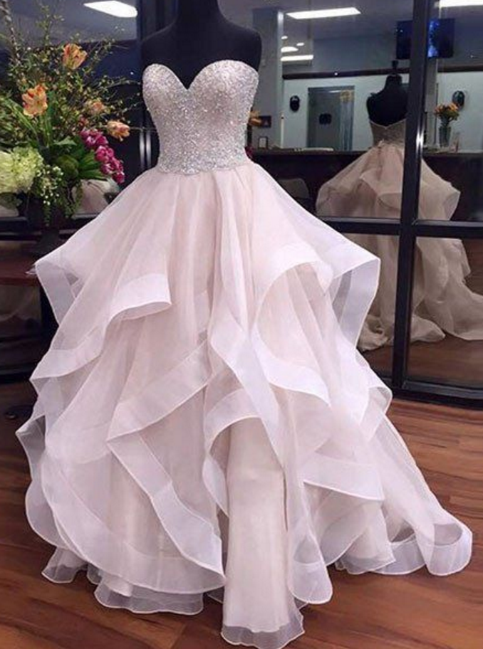A-line Ivory Prom Dresses,Beaded Prom Dresses,Ruffles Prom Dresses,Sweetheart Prom Dresses 