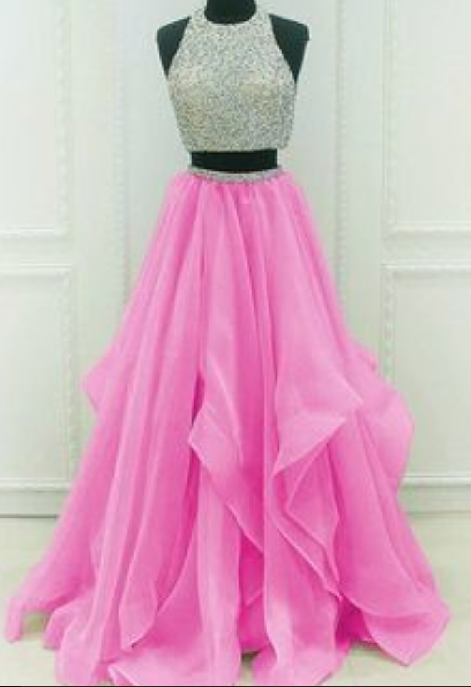 Sequins Beaded Organza Layered Two Piece Ballgowns Prom Dress