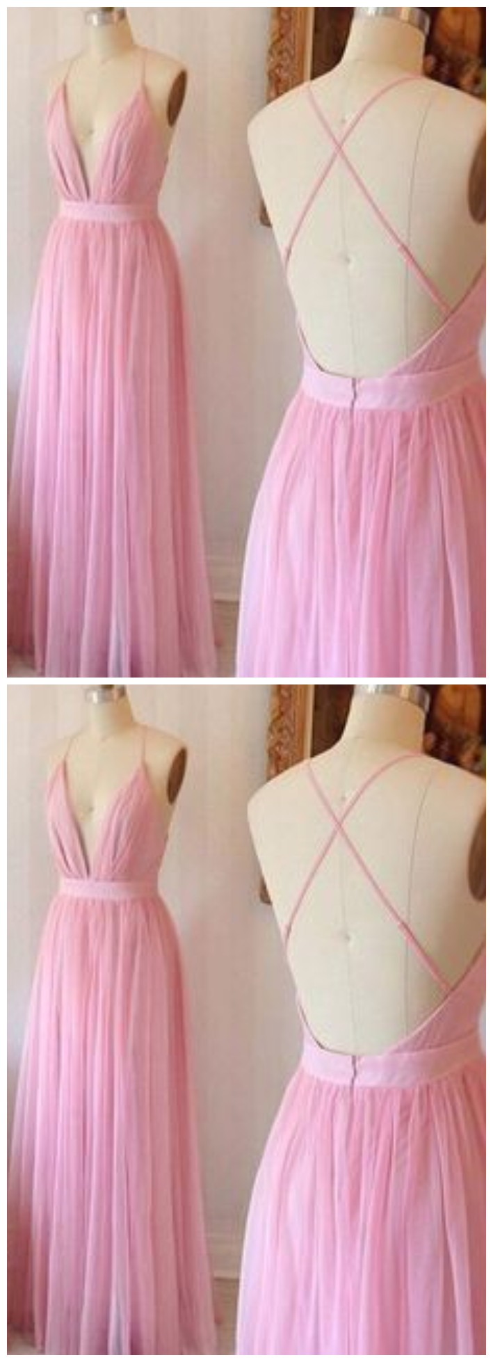 Pink Chiffon V-neck Cross Back Long Prom Dress Summer