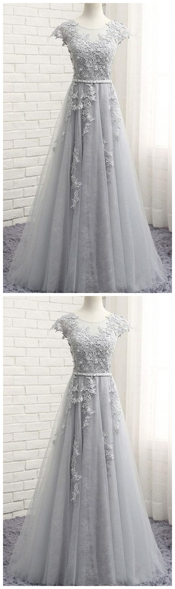 Gray Round Neck Lace Applique Long Prom Dress, Gray Evening Dress