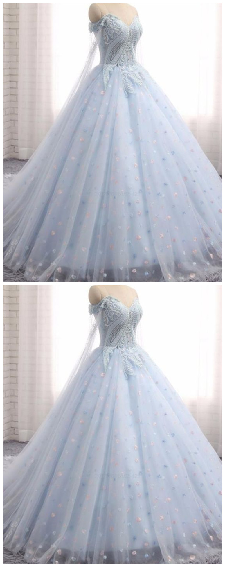 Comfortable Appliques Sweetheart Baby Blue Tulle Long Lace Appliques Wedding Dress, Train Prom Dress