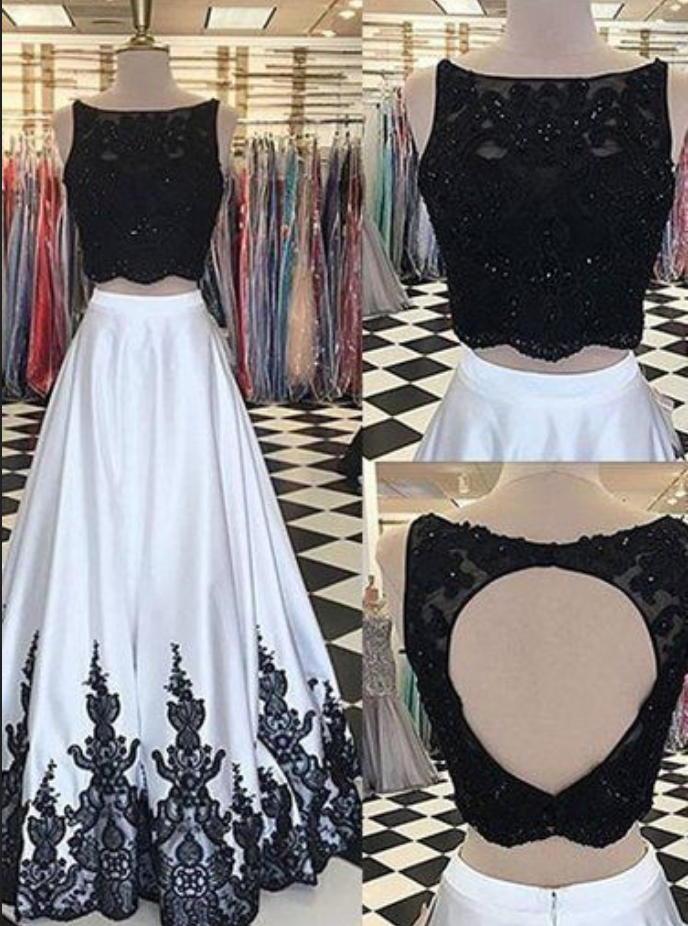 Black And White Lace Long Prom Dress, Two Pieces Evening Dress