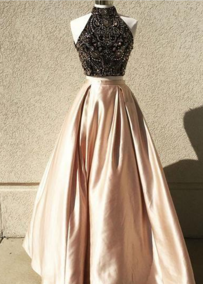 Two Piece Beaded Top High Neck Sleeveless Ball Gown Prom Dresses