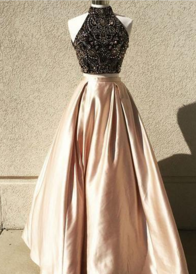 Two Piece Beaded Top High Neck Sleeveless Ball Gown Prom Dresses on Luulla