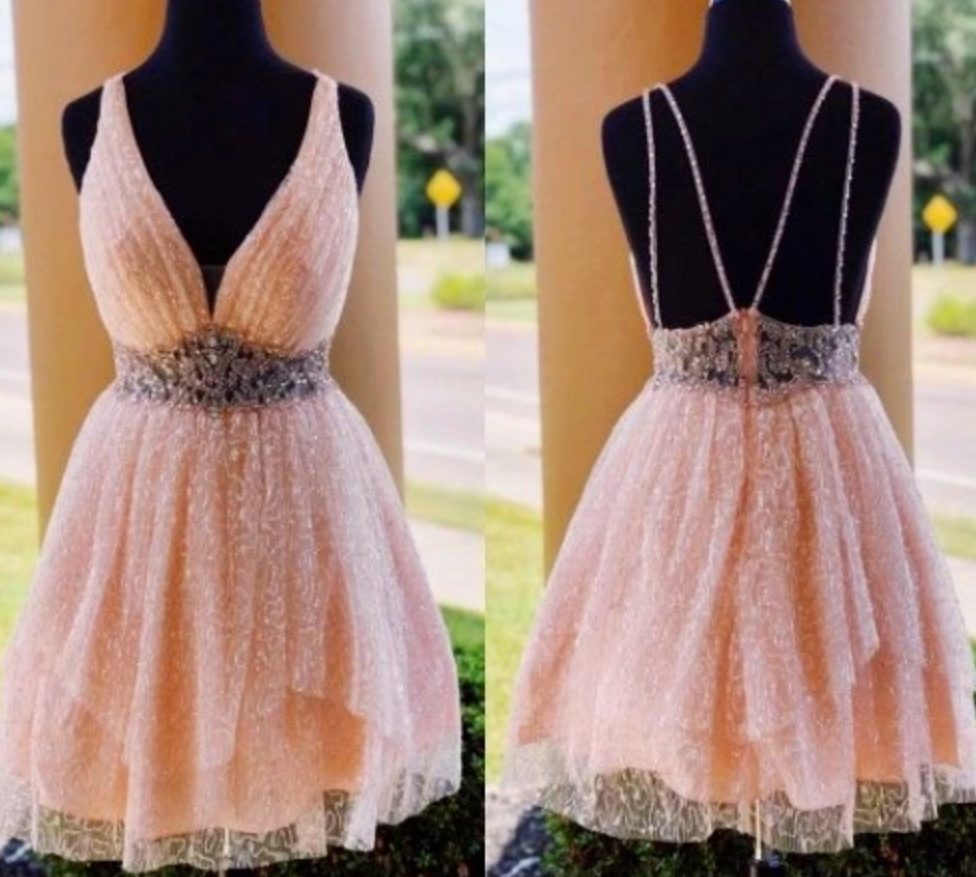 A-line V-neck Above-knee Coral Short Homecoming Dress With Beading