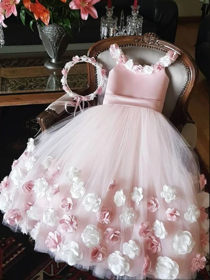 Pink Flower Girl Dress With 3d Flowers