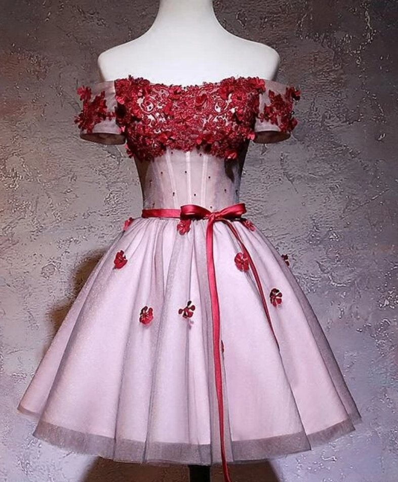 Off Shoulder Tulle Lace Applique Homecoming Dress, Short Prom Dress