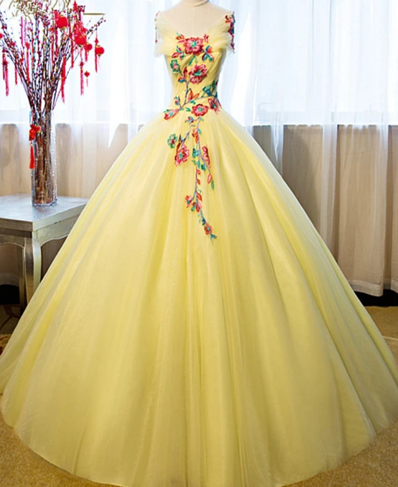 Yellow Tulle Ball Gown Sweet 16 Dress, Yellow Quinceanera Dress
