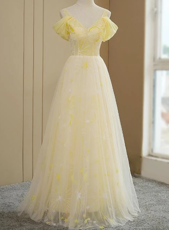 Yellow Tulle Off Shoulder Evening Dress, Fashion Long Prom Dress