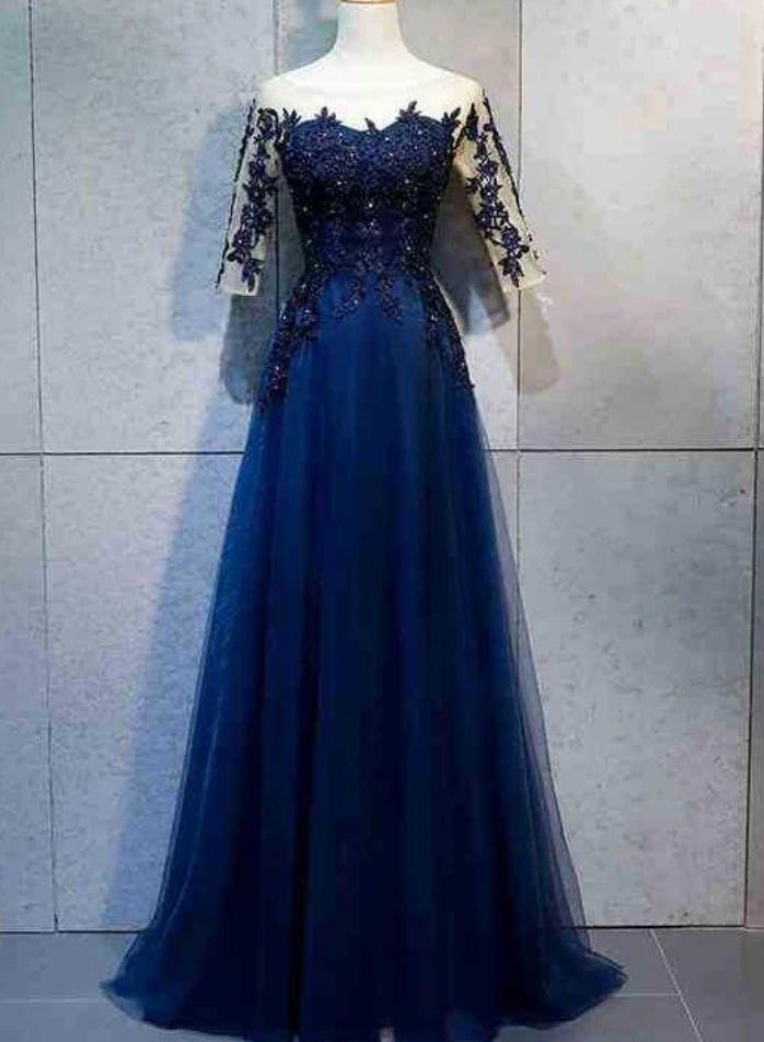 High Quality Navy Blue 1/2 Sleeves Tulle Party Dress, Prom Dress