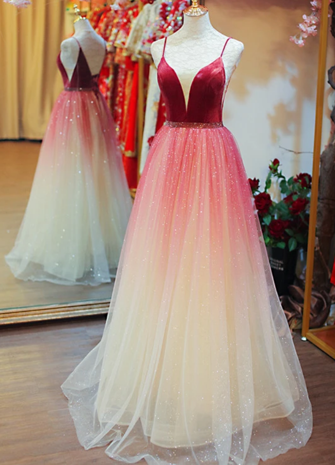 Beautiful Tulle Long Party Gown, Straps Gradient Prom Dress