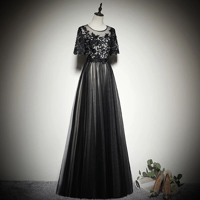 Black Tulle Long Prom Dress 2020, Black Party Dress With Lace Applique