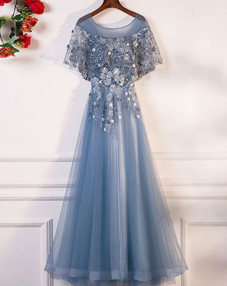 A-line ,crew Floor-length, ,sleeveless, Tulle ,flowered,2018 Prom Dress With Appliques