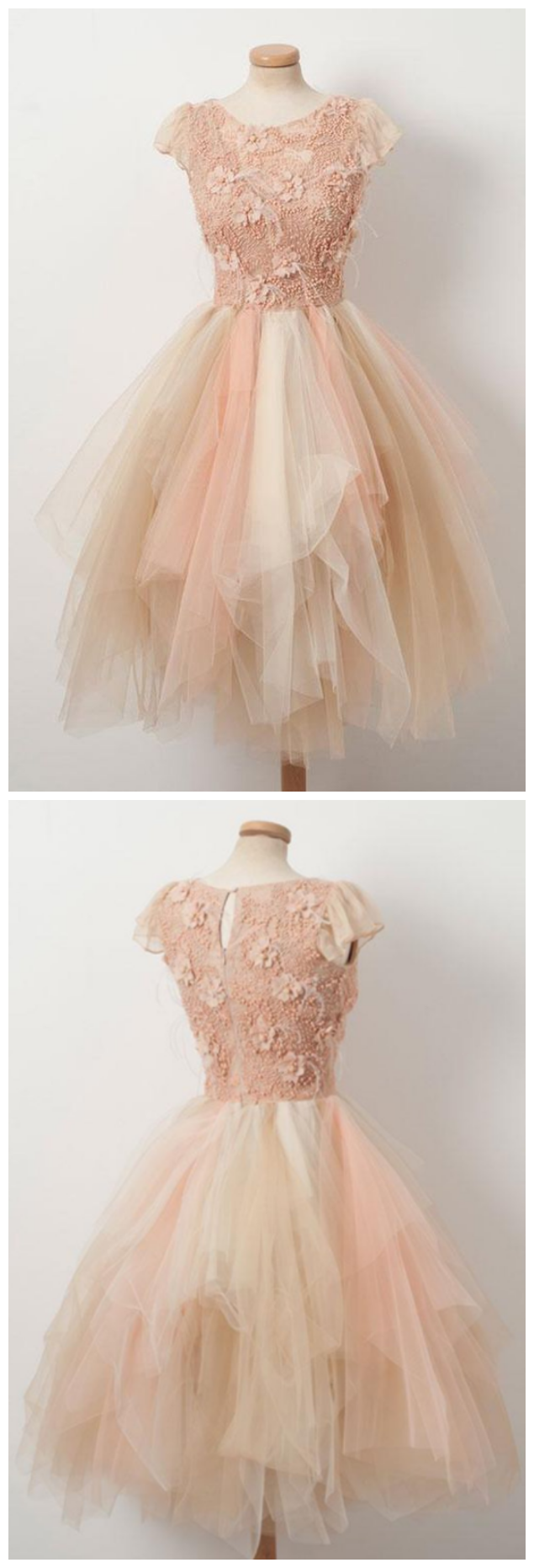 Champagne Tulle Beaded ,short Homecoming Dress, Short Summer Prom Dress With Sleeves,sexy Formal Evening Dress,custom Made