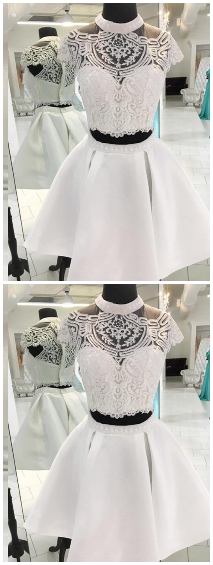 Stunning Two Pieces Homecoming Dresses ,sheer High Neck Capped Short Sleeves, Embroidery Lace