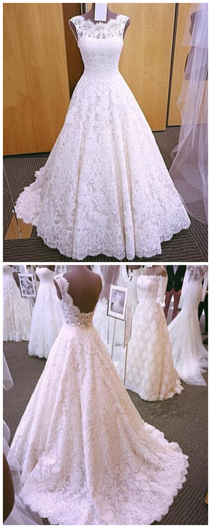 Elegant A Line Lace Wedding Dress, Sleeveless Open Back Wedding Dresses, Bridal Dresses