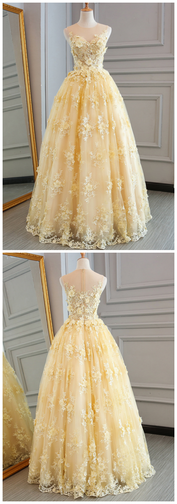 Prom Dresses, Fashion Prom Dresses,spring Yellow Lace Customize Long A-line Senior Prom Dress, Long Lace Halter Evening Dress