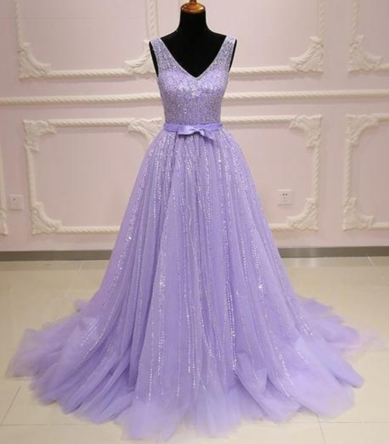 Tulle V Neck Long Customize A-line Sequins Senior Prom Dress With Bowknot