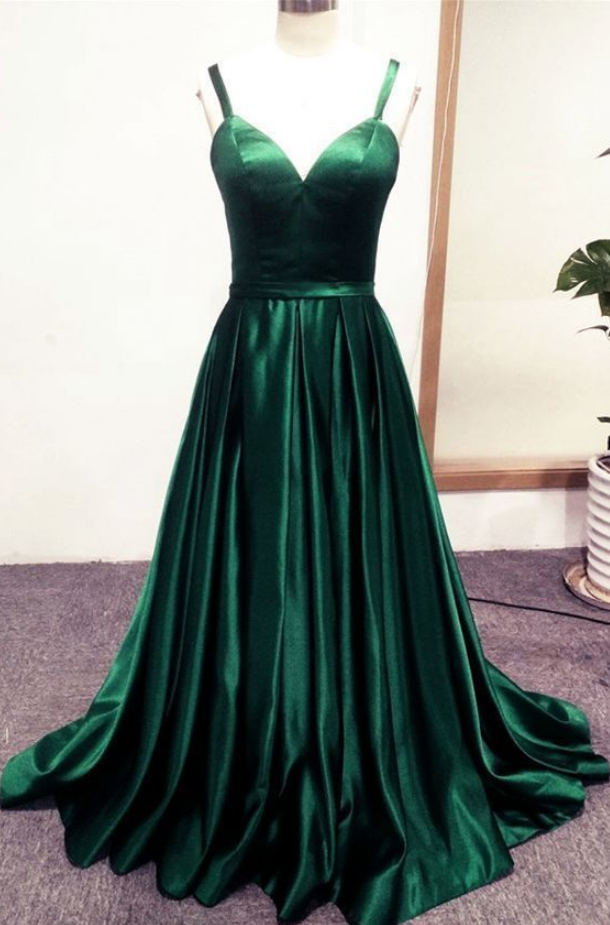 Sexy Prom Dresses Spaghetti Straps Long Slit Satin Evening Gown