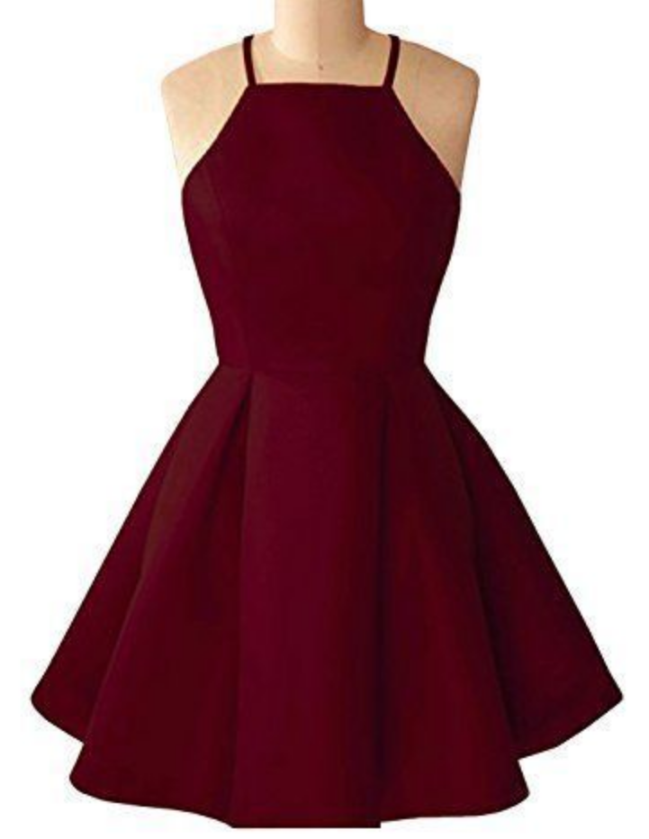 slim fit dress slacks Beautiful Wine Red Halter Knee Length Homecoming Dress, Satin Short Pr –  Cutedressy main image 0