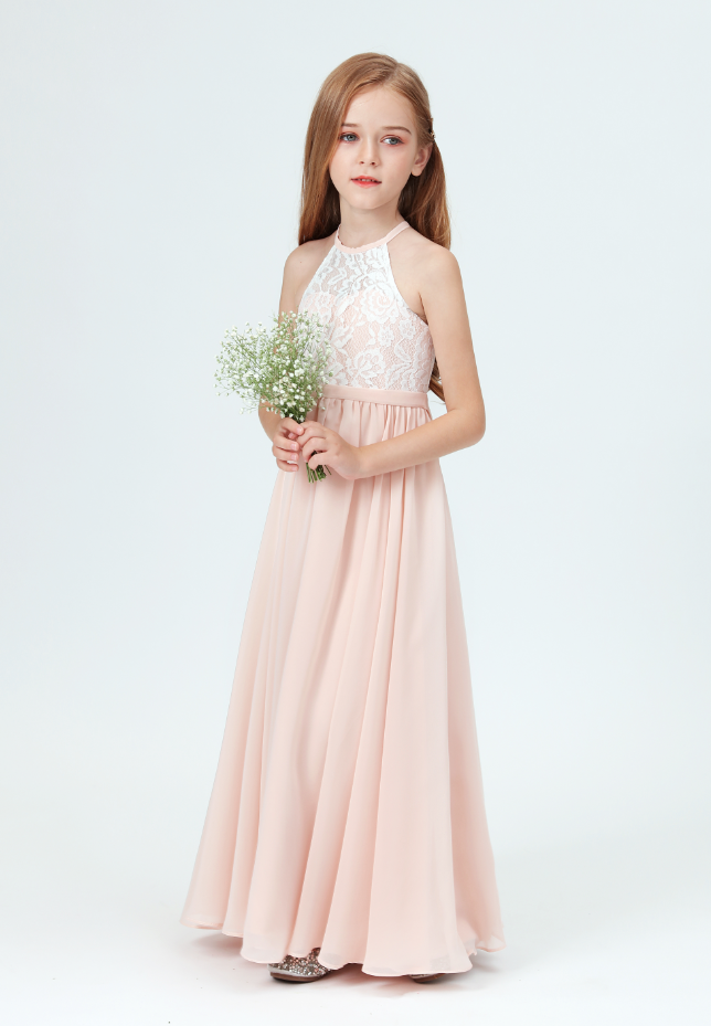 Flower Girl Dresses, Girls Lace Bridesmaid Dresses For Wedding Pleated Floor Length Girl Beach Wedding Guest Party Princess Gowns Long Prom