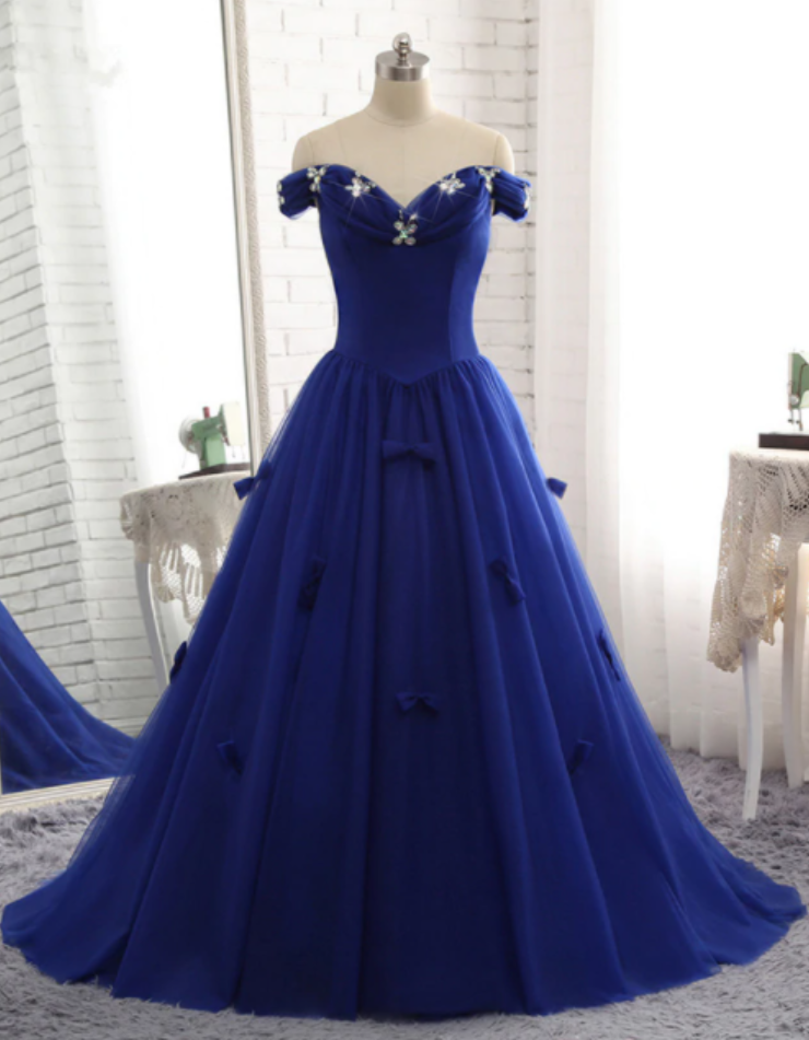 Royal Blue Prom Dress Luxury Tulle Beaded Bow Gown