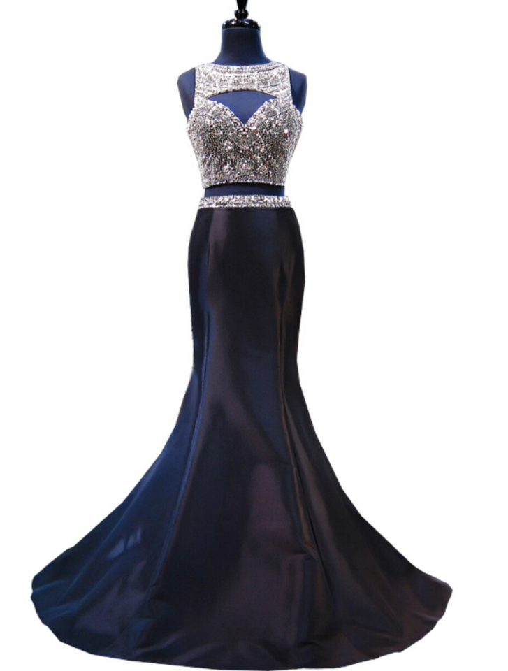 Two Piece Sleeveless Black Mermaid Beaded Backless Prom Dress