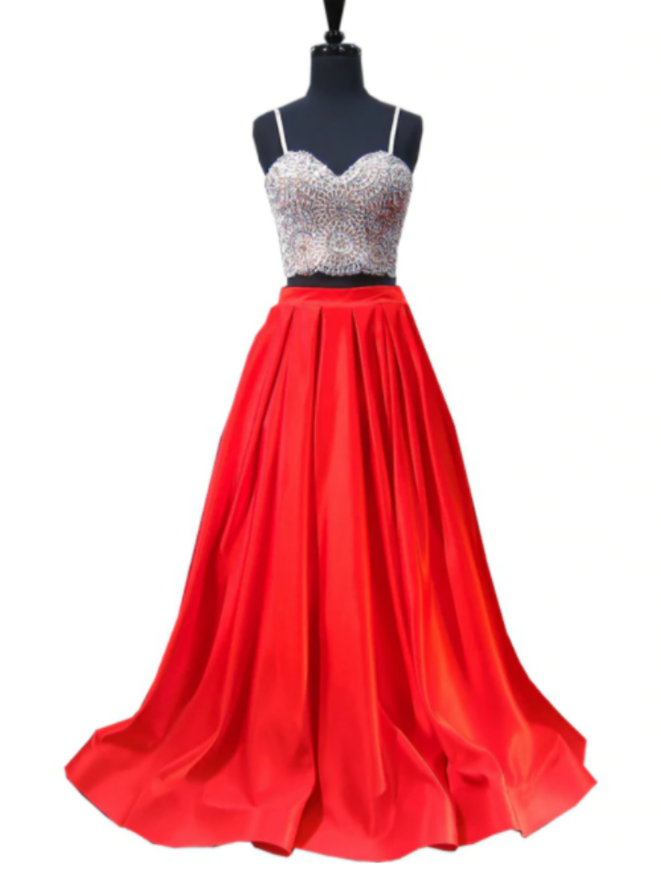 A-line Sweetheart Spaghetti Strap Satin Red Two Piece Prom Dress