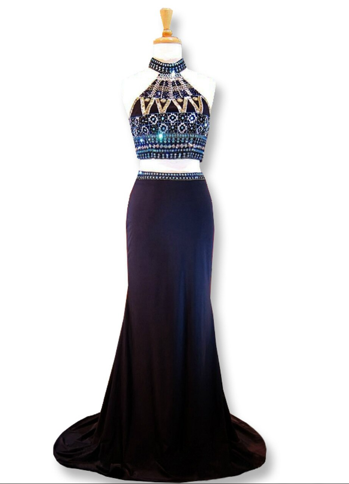 Mermaid High Neck Beaded Crystals Two Piece Prom Dress