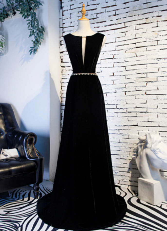 A-line Black Velvet Backless Prom Dress With Beadin on Luulla