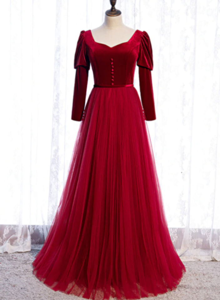 Burgundy Tulle Velvet Long Sleeve Square Long Prom Dress