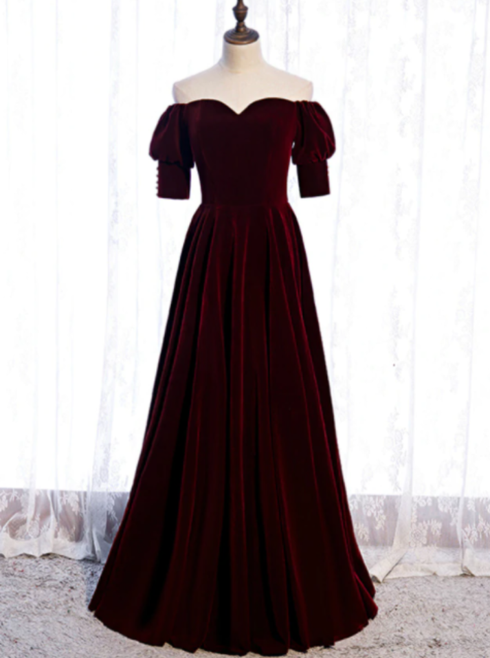 Burgundy Velvet Off The Shoulder Short Sleeve Prom Dress