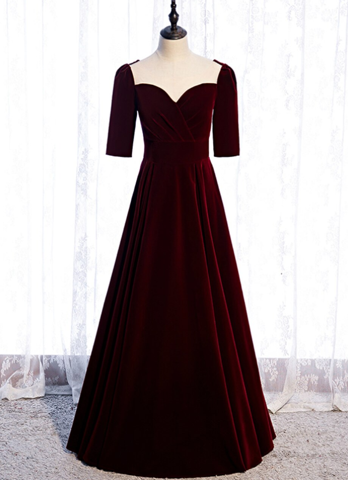 Burgundy Velvet Short Sleeve Scoop Prom Dress