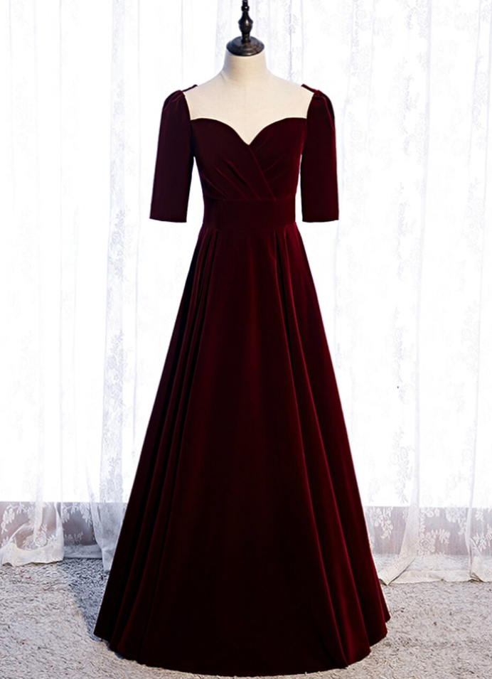 Burgundy Velvet Short Sleeve Scoop Formal Prom Dress main image 0