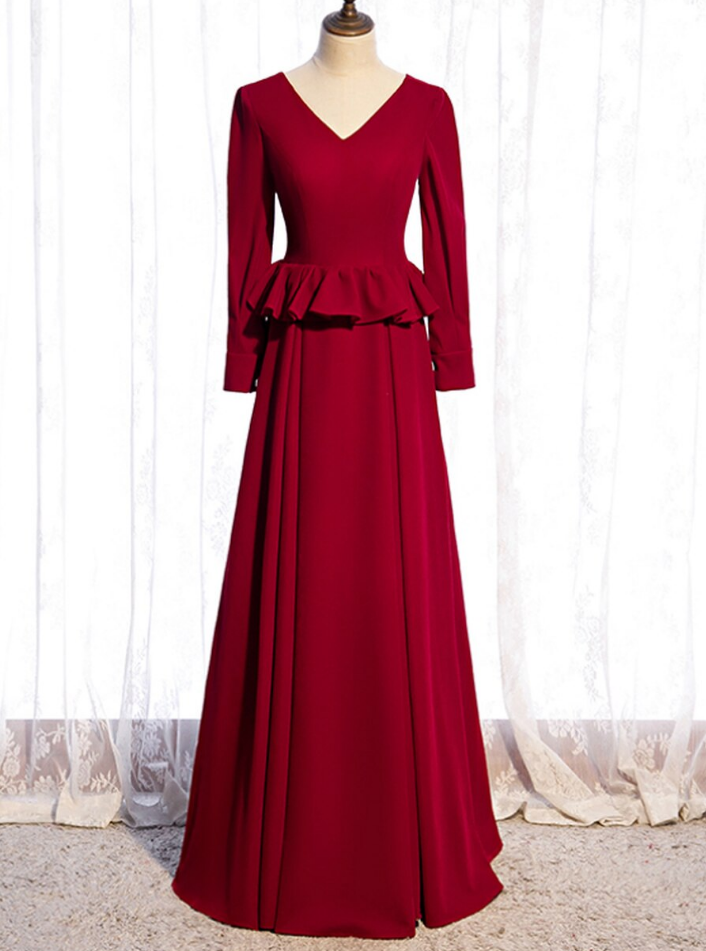 Burgundy Deep V-neck Long Sleeve Prom Dress on Luulla