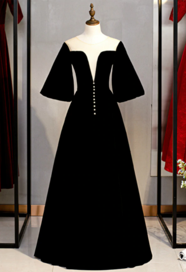 Black Velvet Horn Sleeve Illusion Prom Dress,