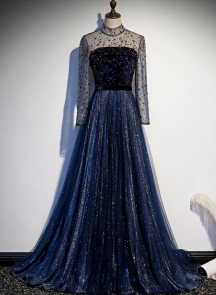 Navy Blue Tulle Sequins High Neck Long Sleeve Beading Prom Dress on Luulla