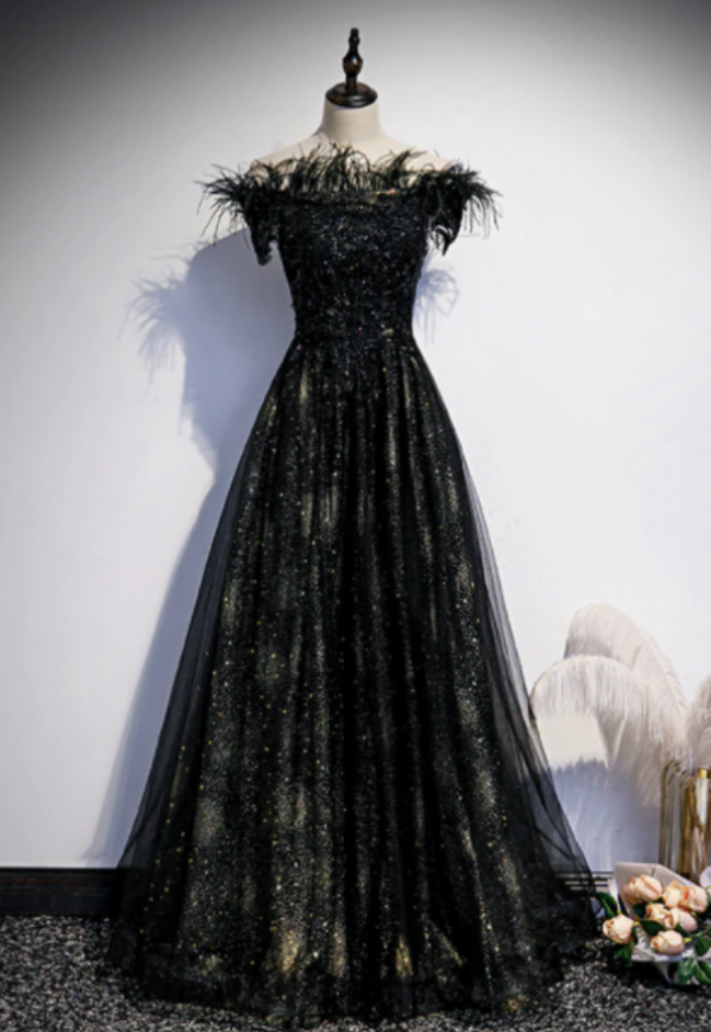 A-line Black Sequins Off The Shoulder Feather Prom Dress
