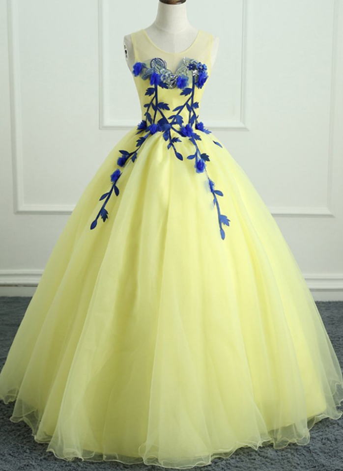 Yellow Tulle Scoop Neck Long Flower Applique Evening Dress, Sweet 16 Prom Dress
